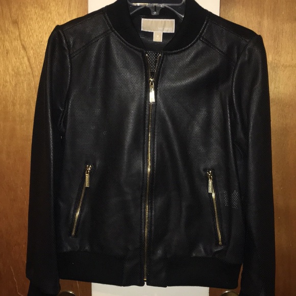 ♣️NWT MK Genuine Leather Perforated Bomber Jacket - Picture 2 of 8